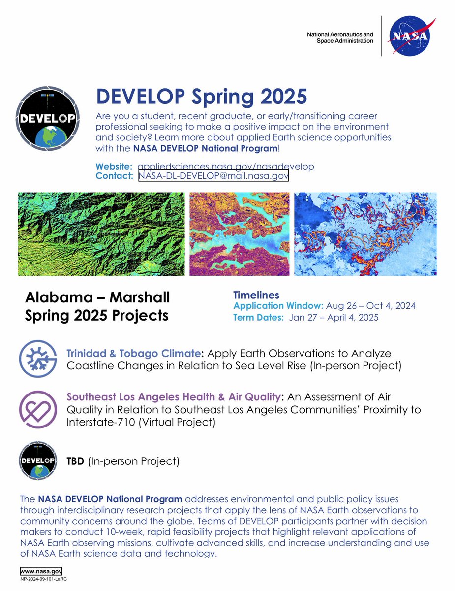 UAH Lab for Applied Science (@uah_las) on Twitter photo 📢Internships <a href="/UAH_LAS/">UAH Lab for Applied Science</a> 📢
Want to gain experience using 🛰️to address real world problems!?
The <a href="/NASA_Marshall/">NASA Marshall</a> node of <a href="/NASA_DEVELOP/">NASA DEVELOP</a> is accepting applications for Spring 2025. Apps are due Friday, Oct. 4. In-person and virtual projects are available!
💻: bit.ly/develop2024 📢Internships <a href="/UAH_LAS/">UAH Lab for Applied Science</a> 📢
Want to gain experience using 🛰️to address real world problems!?
The <a href="/NASA_Marshall/">NASA Marshall</a> node of <a href="/NASA_DEVELOP/">NASA DEVELOP</a> is accepting applications for Spring 2025. Apps are due Friday, Oct. 4. In-person and virtual projects are available!
💻: bit.ly/develop2024