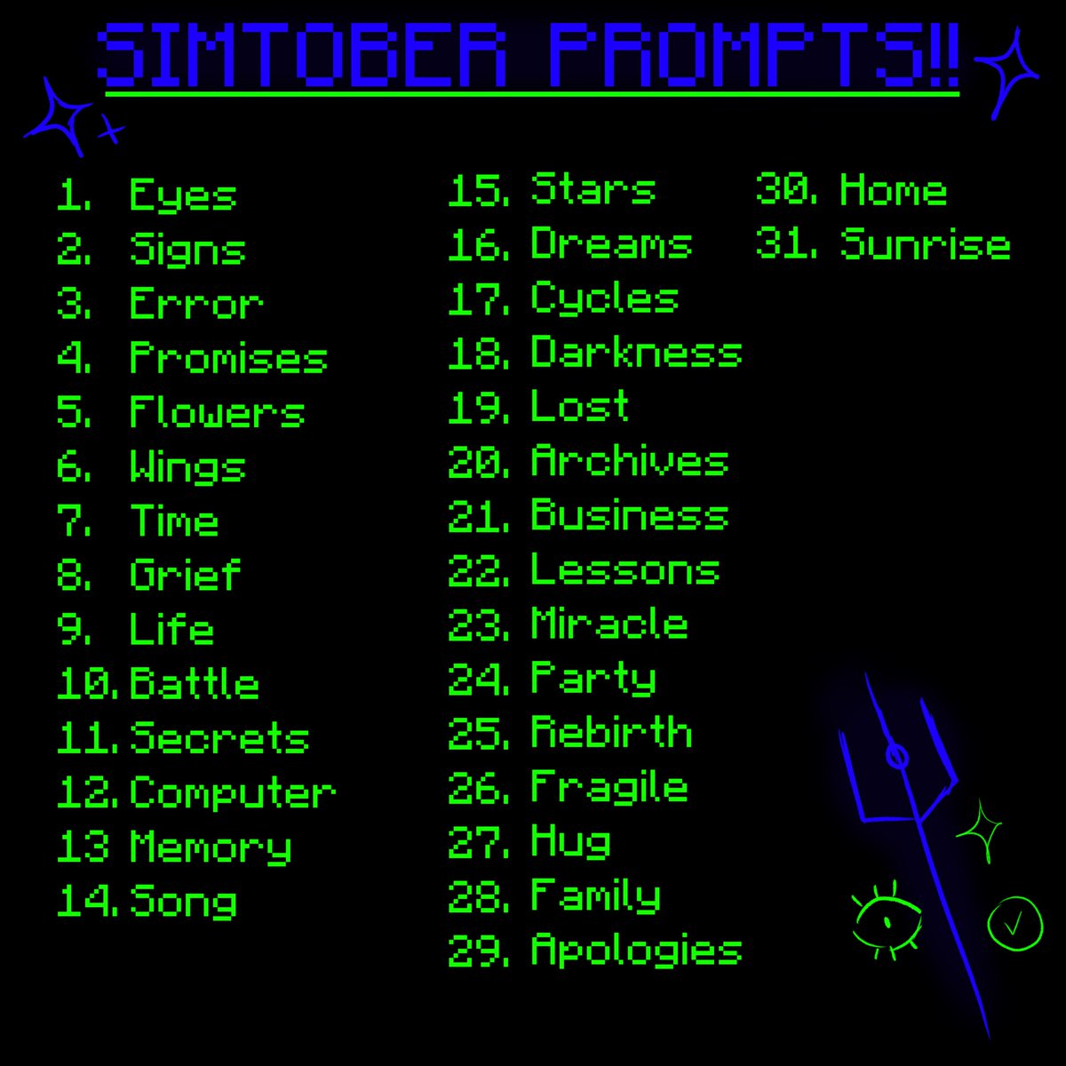 TheFabledSMP's tweet photo. FabledSMP Themed October Art Prompts list!!! Use #simtober if you choose to participate!! 💙💚 https://t.co/vLxuXpwwxp