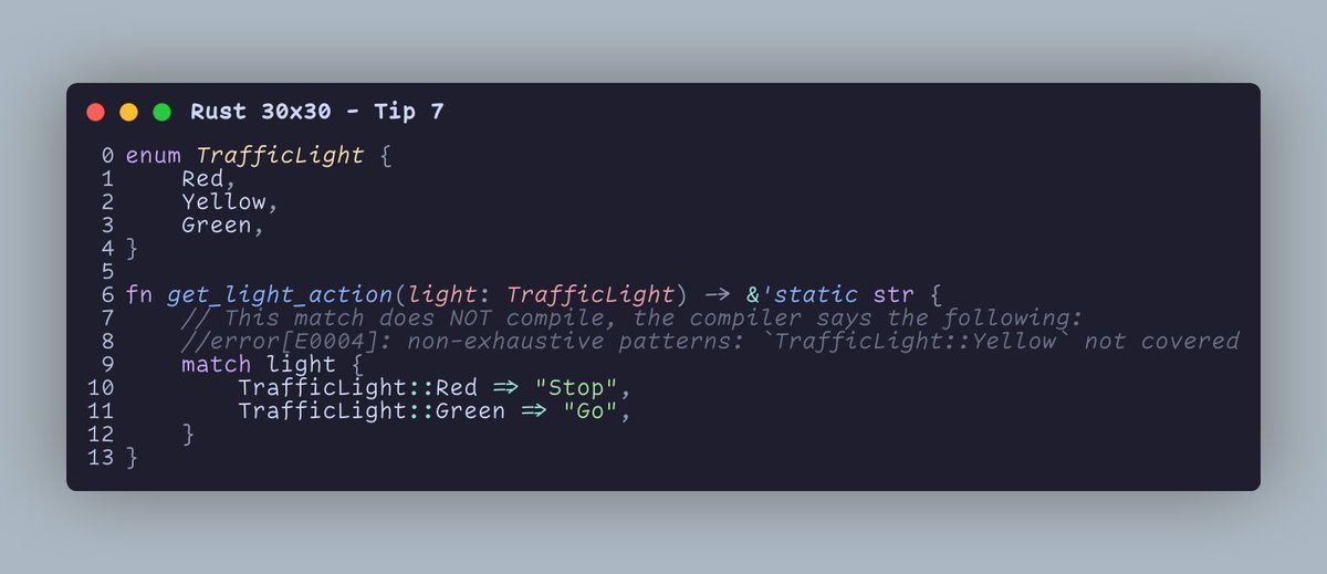 💡 #RustLang Tip 7:
✅ DO: use match for pattern matching, especially when dealing with enums.
❌ DON'T: rely on if-else for enum handling, when a new variant is added nothing will remind you to update your branches!

#RustLang #30by30 #Day7