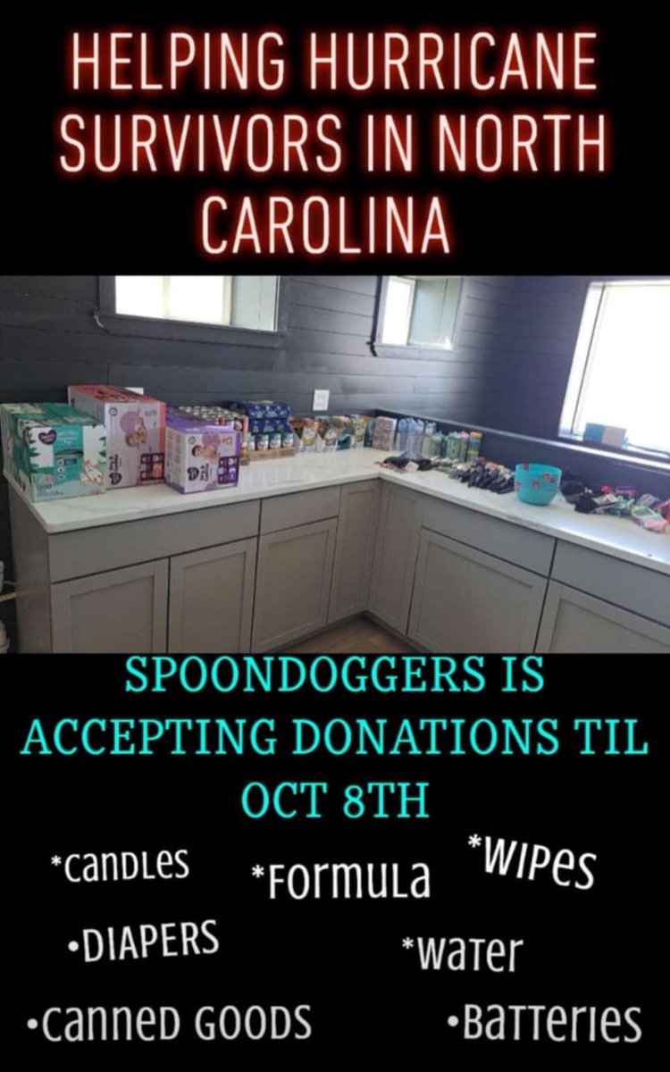 HURRICANE RELIEF DRIVE - taking donations for Hurricane Helene survivors in NC! Drop off your donations at Spoondogger's in Pell Lake, WI before October 8!
Items needed: Diapers-Canned Goods-Water-Wipes-Formula-Batteries-First Aid Supplies-Hygiene Needs-Candles and MORE!