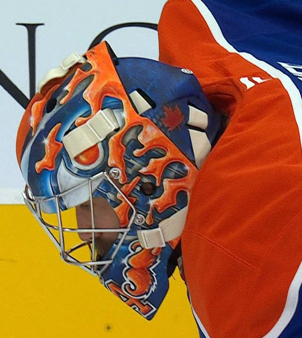 Close-up of the moustache on Stuart Skinner's new mask