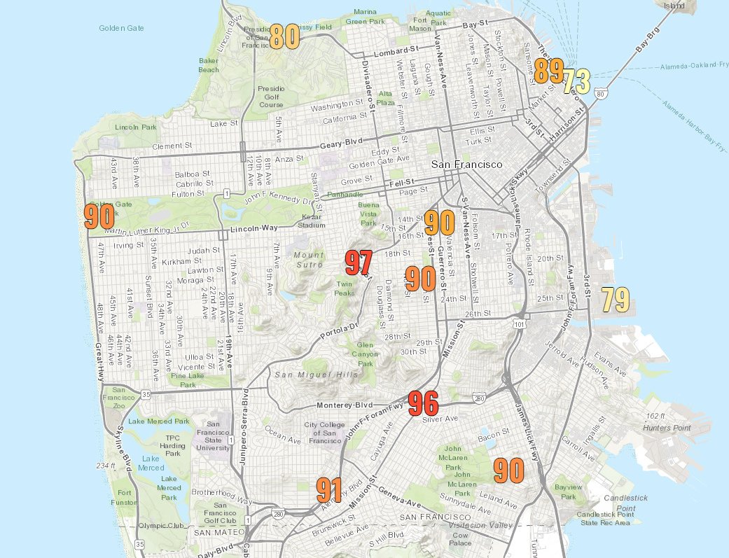 NWSBayArea's tweet photo. Current temperatures throughout the city as of 12:45 PM. The official station downtown just hit 90 for the first time since 10/19/2022. https://t.co/3SDRJkTppw