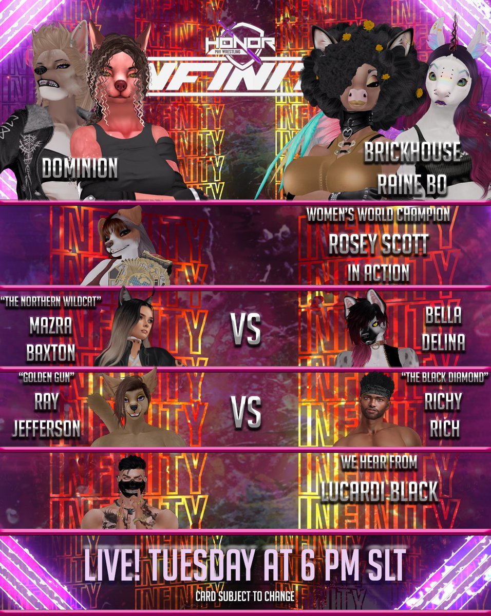 WE'RE GOING LIVE IN ONE HOUR!

That's right at 6pm.SLT we will kick off the wrestling! Tag team action to cap the night in the MAIN EVENT not to mention much more!

PRE-SHOW STARTS IN 45 MINUTES!
#SecondfLife LM:🌐
maps.secondlife.com/secondlife/Ser…