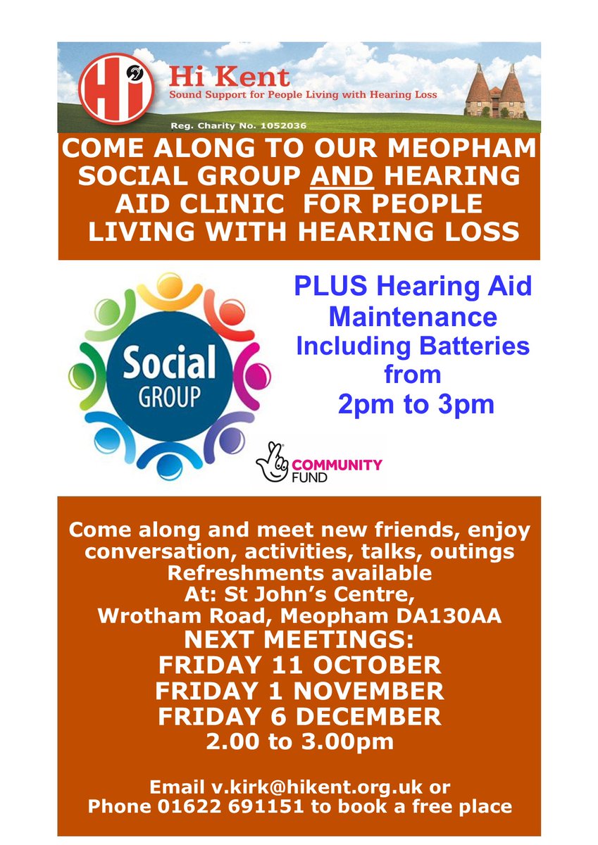 HK4HearingLoss's tweet photo. This month's meeting of our popular Meopham Social Group and Hearing Aid Clinic will take place on Friday October 11th, instead of Friday 4th. https://t.co/NqWTblEepl