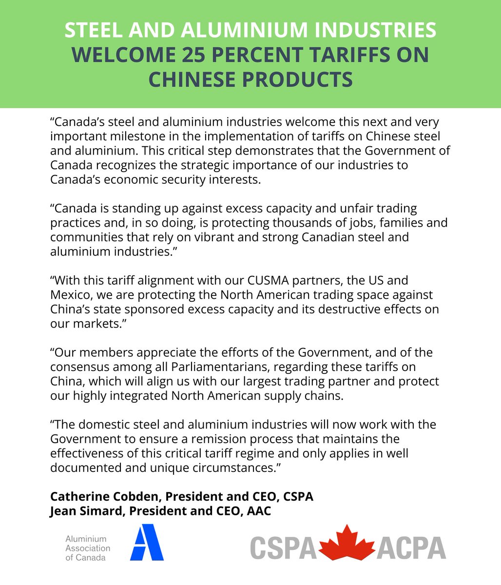 CSPA_ACPA's tweet photo. The CSPA and @AAC_aluminium react to the Government of Canada's published list of Chinese steel and aluminium products that will be subject to the 25% tariff and details surrounding the implementation of Section 53 of the Custom Tariff Act. https://t.co/9aCQ1IiHgZ