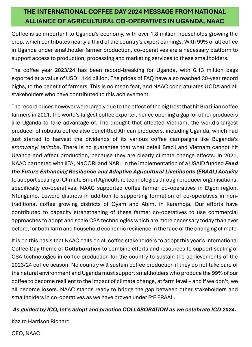 The International Coffee Day 2024 Message from NATIONAL ALLIANCE OF AGRICULTURAL CO-OPERATIVES IN UGANDA  (NAAC).