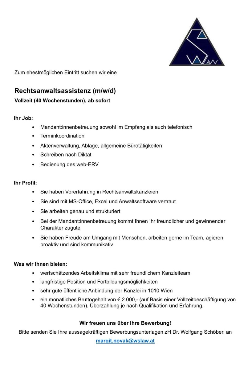 wslaw11's tweet photo. WSLAW rekrutiert! Möchten Sie unser Team im Assistenzbereich verstärken? Dann werfen Sie einen Blick auf unsere Stellenanzeige! https://t.co/kxpyKR1lZX