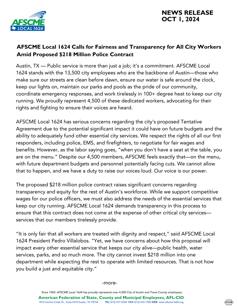 AFSCME1624's tweet photo. NEWS RELEASE: The backbone of Austin is its public workers—from sanitation to parks, to health. The proposed $218M police contract risks leaving these services underfunded. AFSCME 1624 demands fairness for ALL city workers. https://t.co/lvF5hawNd7