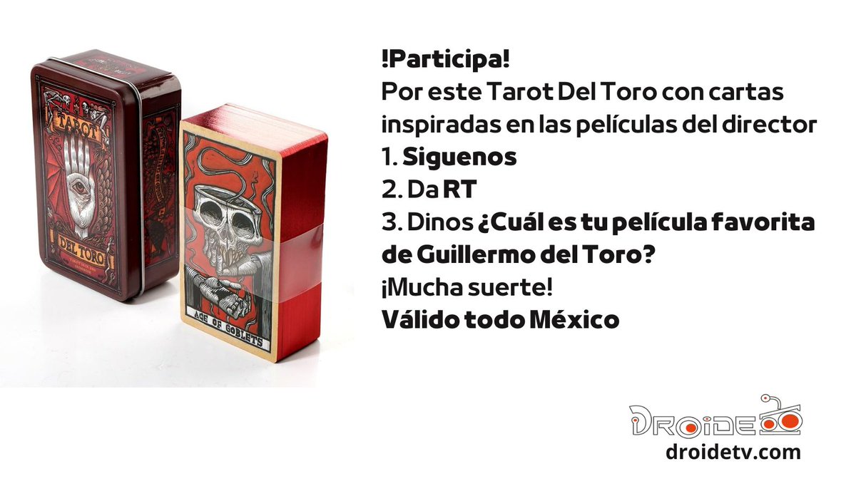 droidetv's tweet photo. Participa por una baraja tarot Del Toro con 78 cartas inspiradas en las películas de Guillermo.
Sigue las instrucciones en la imagen.
Válido todo México.
Restricciones, vigencia y más info en:
https://t.co/dab63DJVmq https://t.co/omrpscjZMP