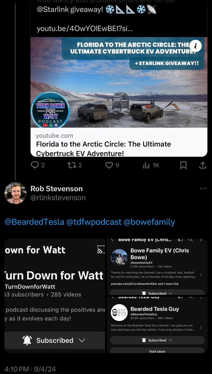 rlinkstevenson's tweet photo. @tdfwpodcast @BeardedTesla @TesLatino @blueskykites @YouTube @Starlink @bowefamily @BeardedTesla @tdfwpodcast @bowefamily https://t.co/MHctwViZVA