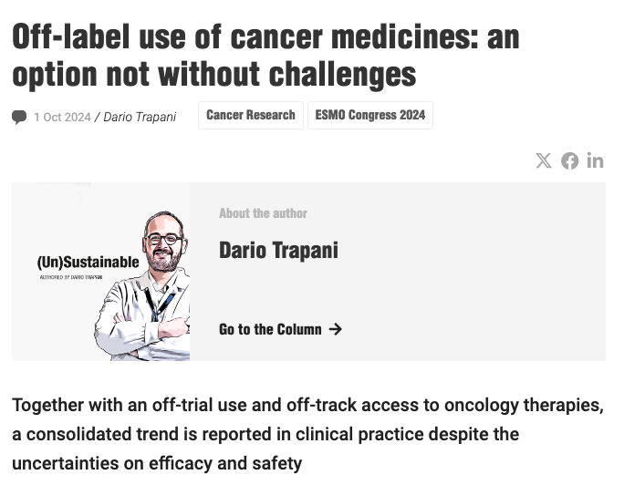 Off-label and off-trial oncology drug use highlights the tension between rapid access and ensuring efficacy and safety. 
Regulatory challenges and patient impact remain key issues. <a href="/darioT_/">Dario Trapani</a> <a href="/myESMO/">ESMO - Eur. Oncology</a> 
#Oncology #CancerCare #ESMO24 #Safety <a href="/OncoAlert/">OncoAlert</a> 
dailyreporter.esmo.org/esmo-congress-…