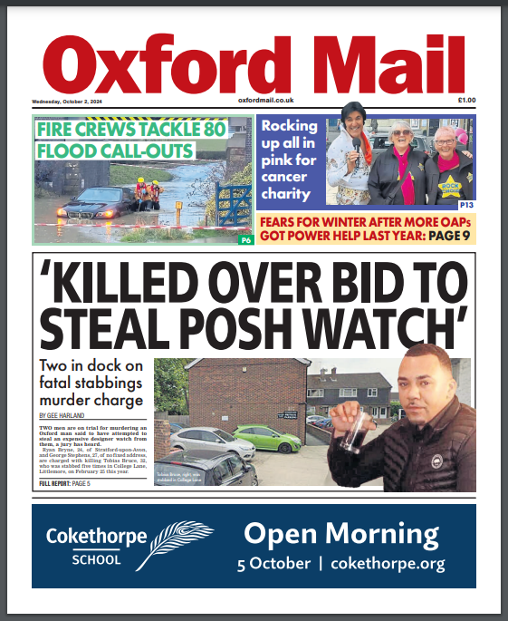 TheOxfordMail's tweet image. First look at tomorrow’s Oxford Mail front page 
TWO ON TRIAL ON STABBINGS MURDER CHARGE
#Tomorrowspaperstoday #Presspreview #Skypapers
@AllieHBNews