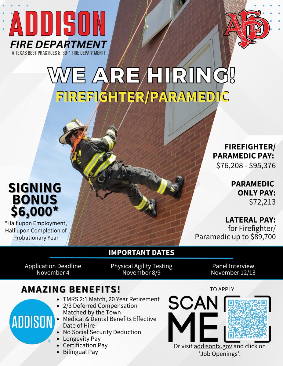 Addison_Fire's tweet photo. Calling all qualified applicants! We are hiring for Firefighter/Paramedic!  If you want to join our family, be sure to apply by November 4th! 
https://t.co/VUchepA7hs https://t.co/rVHkeAehIA