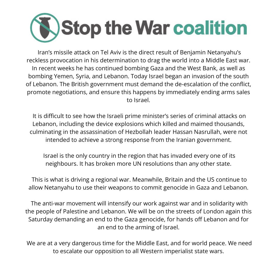 The anti-war movement will intensify our work against war and in solidarity with the people of Palestine and Lebanon. We will be on the streets of London again this Saturday demanding an end to the Gaza genocide, for hands off Lebanon and for an end to the arming of Israel.

Our