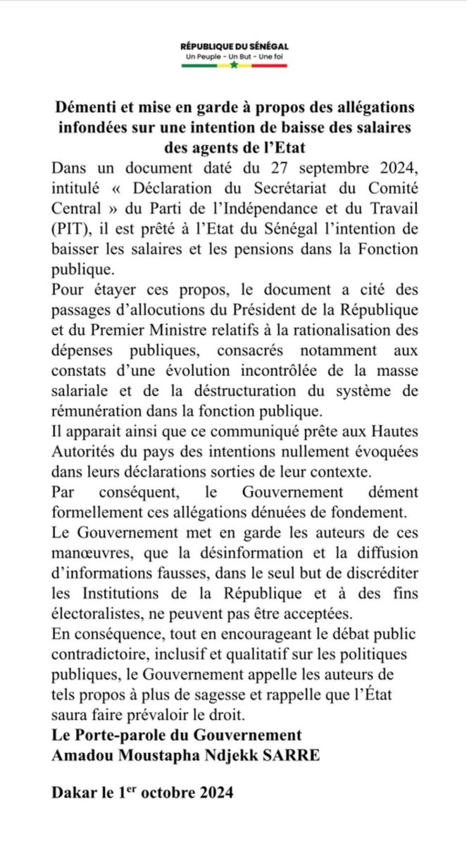 ly_citizen's tweet photo. Démenti et mise en garde à propos des allégations infondées sur une intention de baisse des salaires des agents de l’Etat.
@NjekkSarre https://t.co/6XHz0FkoZL