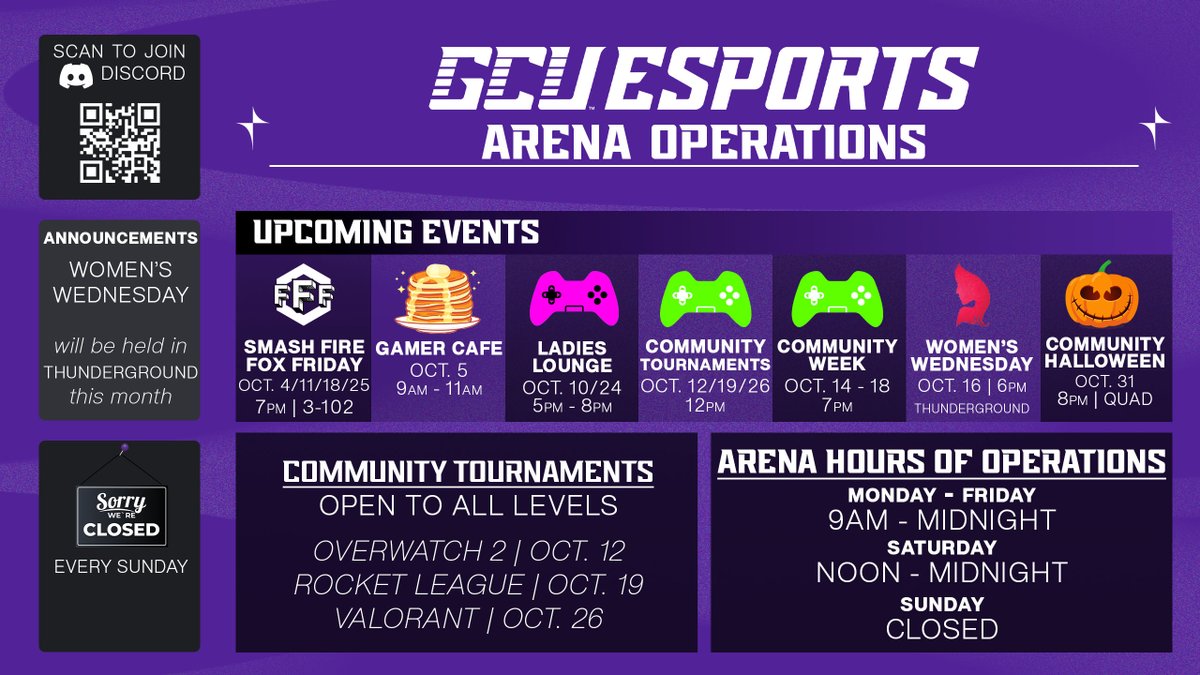 Esports_GCU's tweet photo. As the summer heat cools down, we’re heading into October with exciting new events! 🎃 Don’t miss our Community Halloween event at the end of the month! 👻 Join our Discord to learn more ⬇️
🔗https://t.co/CSsEG8RQhT
#esports #LoepsUp #gcuesports https://t.co/taJetrV5iU