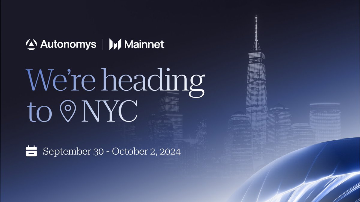 prof_michaelt's tweet photo. Autonomys is at #MessariMainnet until October 2, 2024, at Pier 36, NYC! Meet the team and discover our vision for AI3.0.
๐ The foundation layer for AI3.0, powered by our hyper-scalable DePIN.
#HumanAI #NYC #AI3 @AutonomysNet https://t.co/wYy1tHPnYH