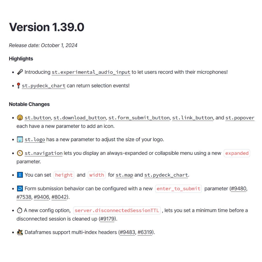 🌸 <a href="/streamlit/">Streamlit</a> 1.39 fresh out of the oven :)   

And tucked in the "other changes": 🔑 Widget keys appear as HTML classes in the DOM with an st-key- prefix  

🎉