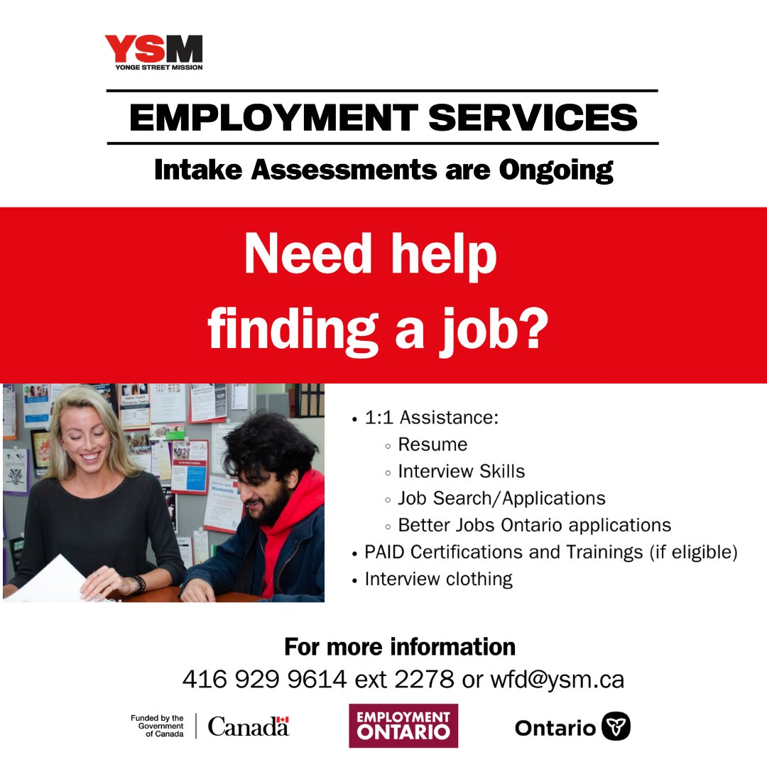 Need help finding a job? We're here to support!

Eligibility:
Un- or Under-employed (under 20 hrs/week)
Ontario resident
Legally eligible to work in Canada
Drop-in: Tues-Thurs 12:30-4:30 PM
📍270 Gerrard St E / 365 Spadina Ave
More info: (416) 929-9614 ext. 2278 / wfd@ysm.ca