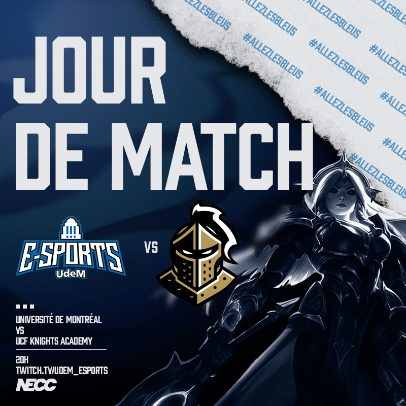 ⚔️𝐆𝐀𝐌𝐄 𝐃𝐀𝐘 𝐍𝐄𝐂𝐂 𝐃𝐢𝐯𝐢𝐬𝐢𝐨𝐧 𝐋𝐞𝐚𝐠𝐮𝐞 𝐎𝐟 𝐋𝐞𝐠𝐞𝐧𝐝𝐬 ⚔️

Ce soir, c'est au tour de nos équipes de League de continuer leur bonne lancée dans la NECC ! 

🕗20H 
 
🆚 <a href="/EsportsatUCF/">Esports at UCF</a> 📺 Chaine Principale 

🆚 <a href="/DalUEsports/">Dalhousie Esports Society</a> 📺 Chaine 🅱️

#AllezLesBleus🔵⚪️🔵