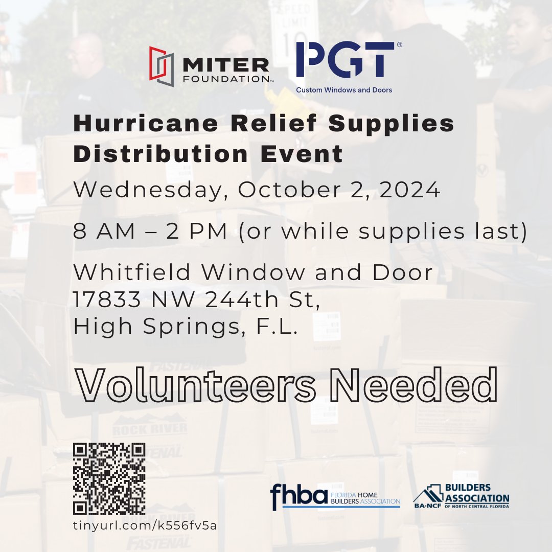 Join us for a Hurricane Relief Supplies Distribution Event on Wednesday, October 2nd! We'll be providing essential supplies to those affected from 8 AM to 2 PM (or while supplies last) at Whitfield Window and Door in High Springs, FL. Volunteers are needed!