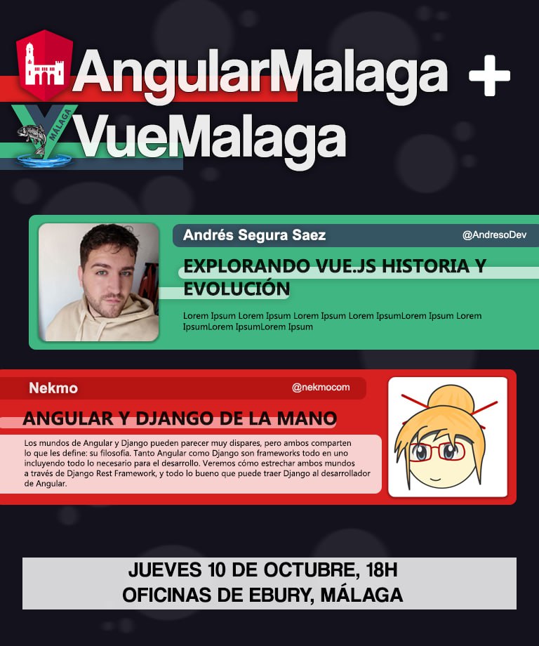 Angular Málaga (@angularmalaga) on Twitter photo 🚀 ¡Prepárate para el evento conjunto de <a href="/AngularMalaga/">Angular Málaga</a> y @VueMalaga el próximo 10 de octubre!
🎉 Una tarde llena de charlas, networking y comunidad.
🗓️ ¡No te lo pierdas, te esperamos! #AngularMálaga #VueMálaga #DevCommunity #MalagaTech
📎gdg.community.dev/events/details… 🚀 ¡Prepárate para el evento conjunto de <a href="/AngularMalaga/">Angular Málaga</a> y @VueMalaga el próximo 10 de octubre!
🎉 Una tarde llena de charlas, networking y comunidad.
🗓️ ¡No te lo pierdas, te esperamos! #AngularMálaga #VueMálaga #DevCommunity #MalagaTech
📎gdg.community.dev/events/details…