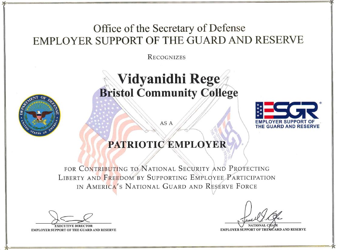 We at @bristolcc are extremely honored to receive an ESGR Patriot Award. ESGR is a Department of Defense Program, established in 1972 to promote cooperation and understanding between Reserve Component Service members and their Civilian Employers.