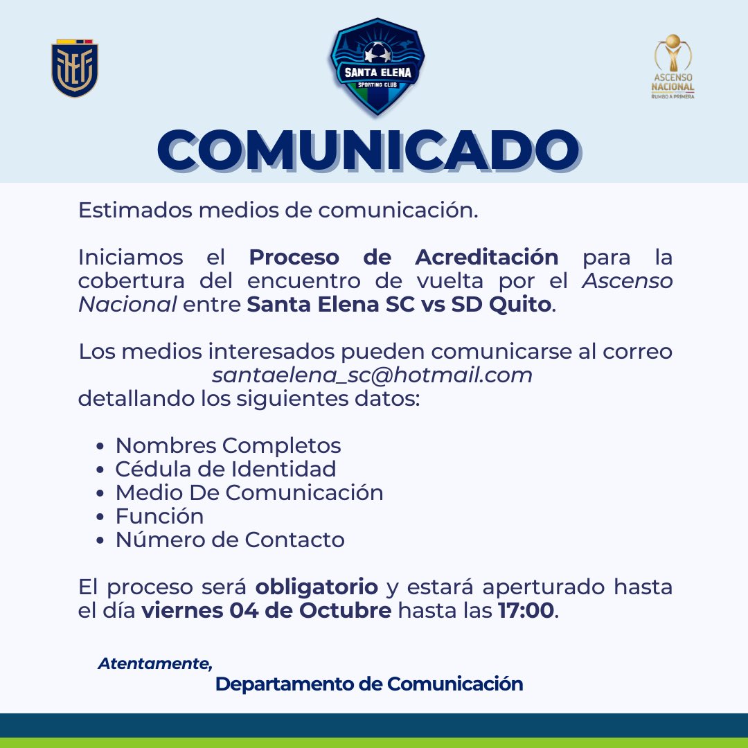 StaElenaSC's tweet photo. 🟢🔵 | 𝐀𝐜𝐫𝐞𝐝𝐢𝐭𝐚𝐜𝐢𝐨́𝐧 𝐌𝐞𝐝𝐢𝐨𝐬 𝐝𝐞 𝐏𝐫𝐞𝐧𝐬𝐚 🎙️⚽️
El proceso de acreditación para el partido de vuelta por los 32avos de final del Ascenso Nacional entre Santa ElenaSC 🆚 SD Quito se encuentra habilitado.

🏟️ Arena Samborondón
⚽️ Domingo, 06 de Octubre
⏰ 11:30 https://t.co/2Yh94CqKH7