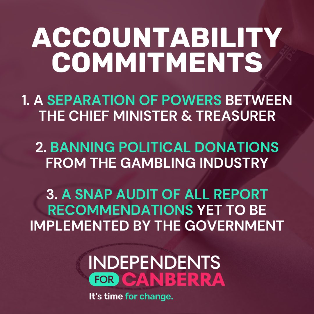 An independent cross bench will hold the government to account, ensuring decisions are made in our community’s best interests and applying pressure for good ideas to be implemented - quickly - and bad ideas to be discarded.

Learn more at independentsforcanberra.com/policy

<a href="/INDforCBR/">Independents for Canberra</a>