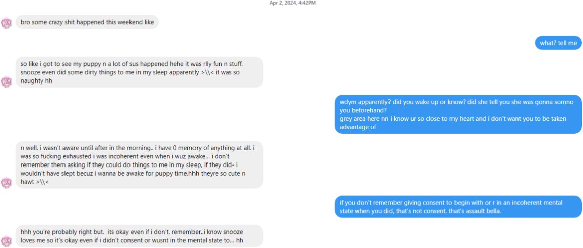 WHATSPUPDAWG_'s tweet photo. more leaked screenshots regarding snoozes grooming, and sexually assaulting her victim. 
snooze was aware of her victims age. images were shared in the victims telegram channel, and since then have been deleted. https://t.co/FEQb5lkpQx