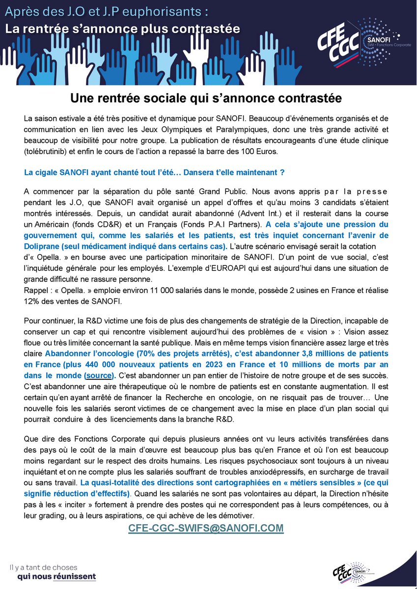 Sanofi s'apprête à faire un plan social et à se débarrasser de la santé Grand public 
#sanofi #cfecgcsag
