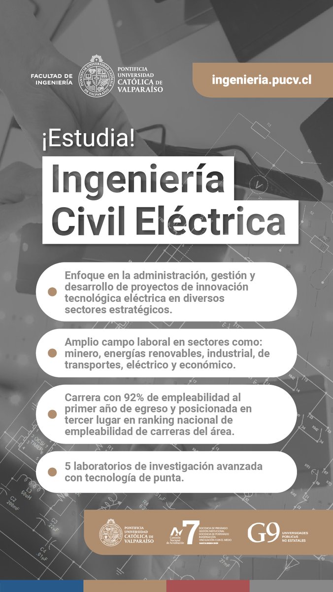 INGENIERIAPUCV's tweet photo. 📣ADMISIÓN |
¡Ven y estudia Ingeniería Civil Eléctrica en la Facultad de Ingeniería de la PUCV!

📌 Conoce más sobre esta 🎓 y otras carreras en nuestra pagina web  https://t.co/tT6TBhqkYP 🔗

#Pucv #IngenieriaPucv #SerPucv #AdmisionPucv https://t.co/tIyNhJyztT