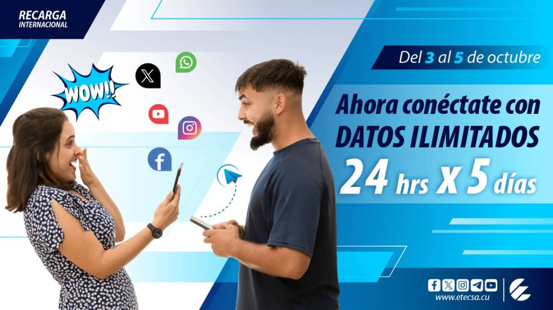 Del 3 al 5 de octubre, si recibes una recarga de 125CUP, solo a través de los distribuidores internacionales, obtienes ¡DATOS ILIMITADOS LAS 24 HORAS, DURANTE 5 DÍAS! 📲
Conoce todos los detalles en etecsa.cu 🔗
#Recargalnternacional
