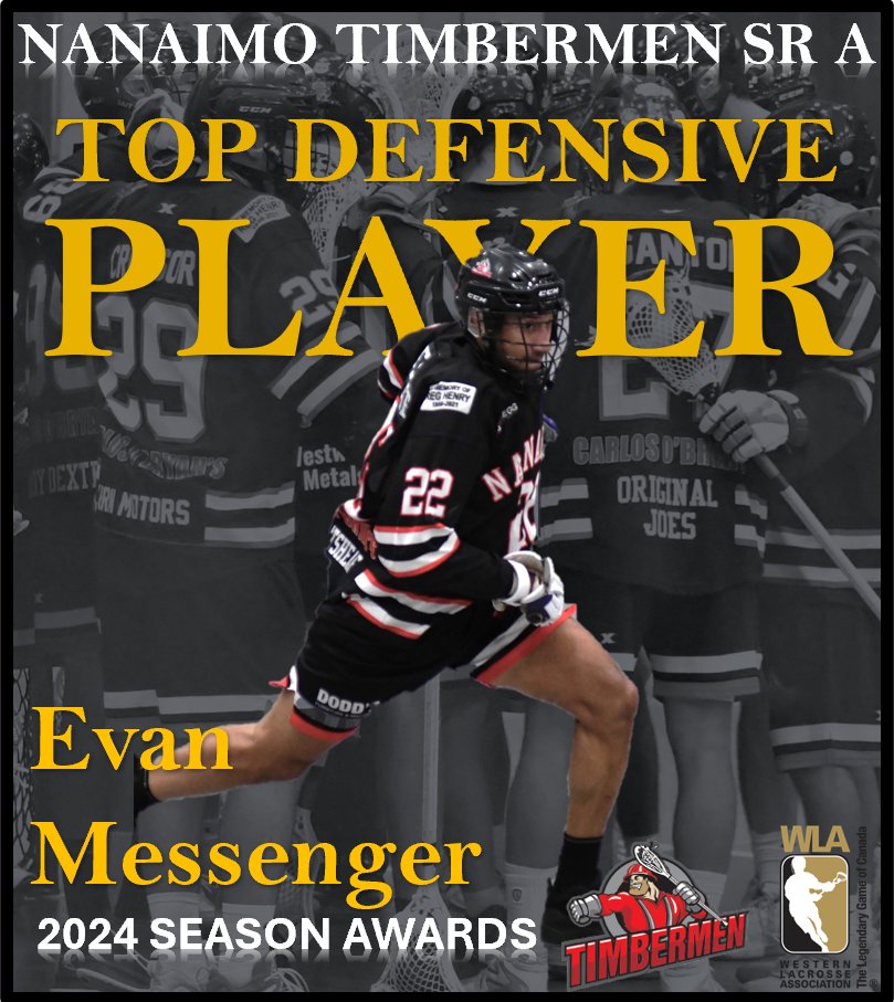 Your 2024 Nanaimo Timbermen Defensive Player of the Year is Evan Messenger!  Congratulations Evan!  #GoTmen @wlalacrosse
