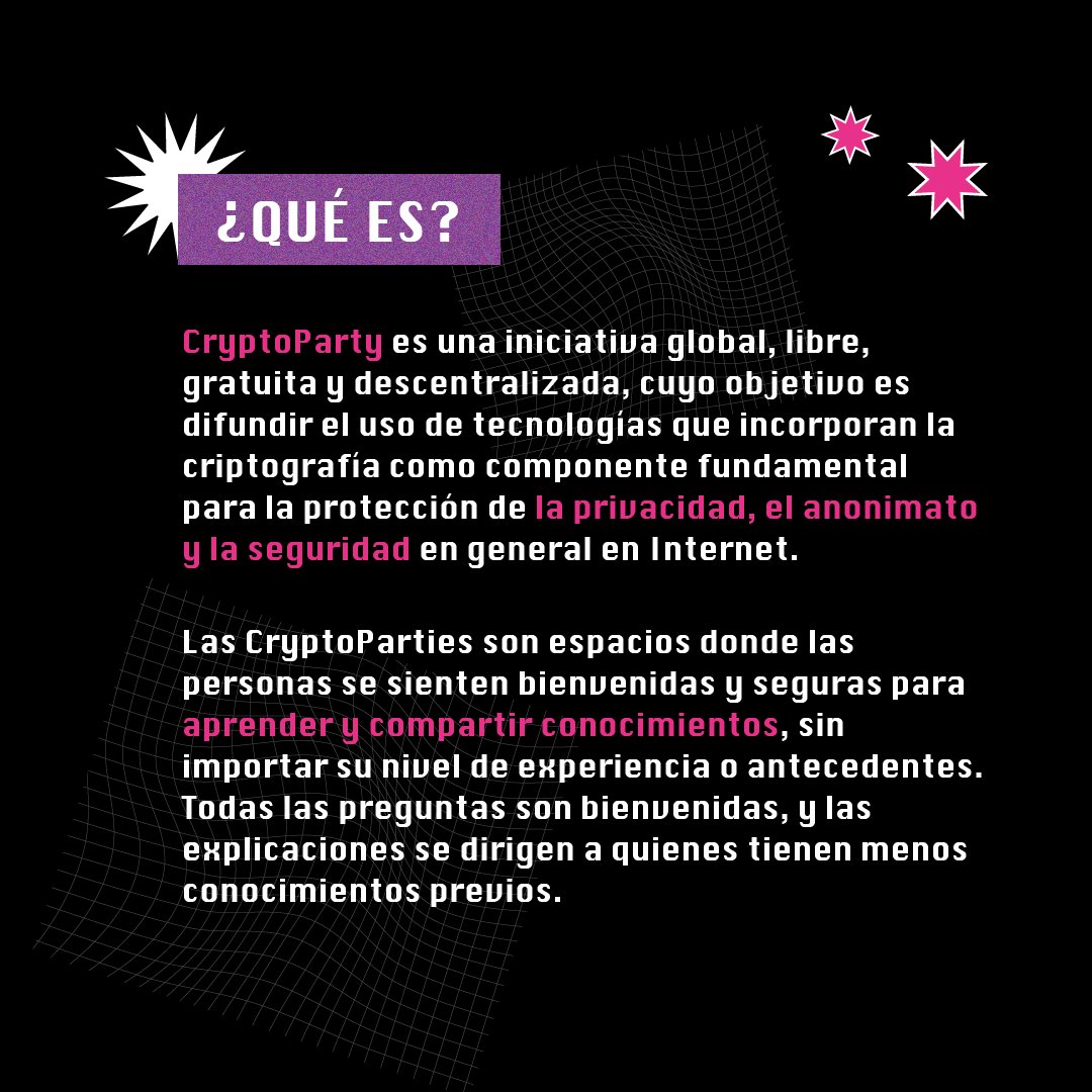 #evento | ¡Te invitamos a la CryptoParty 2024!

📅 Fecha: 19 de octubre
 🕘 Hora: 09H AM
 📍 Lugar: Casa de la Cultura Ecuatoriana

¡No te lo pierdas!
Aprende a proteger tu vida digital y contribuye a una Internet más segura para todxs.