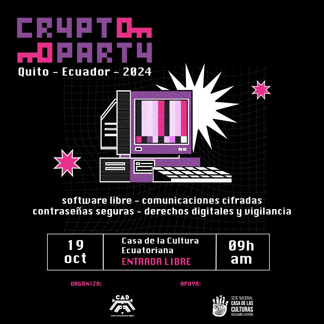 somos_cad's tweet photo. #evento | ¡Te invitamos a la CryptoParty 2024!

📅 Fecha: 19 de octubre
 🕘 Hora: 09H AM
 📍 Lugar: Casa de la Cultura Ecuatoriana

¡No te lo pierdas!
Aprende a proteger tu vida digital y contribuye a una Internet más segura para todxs. https://t.co/W7WRpTUy1l
