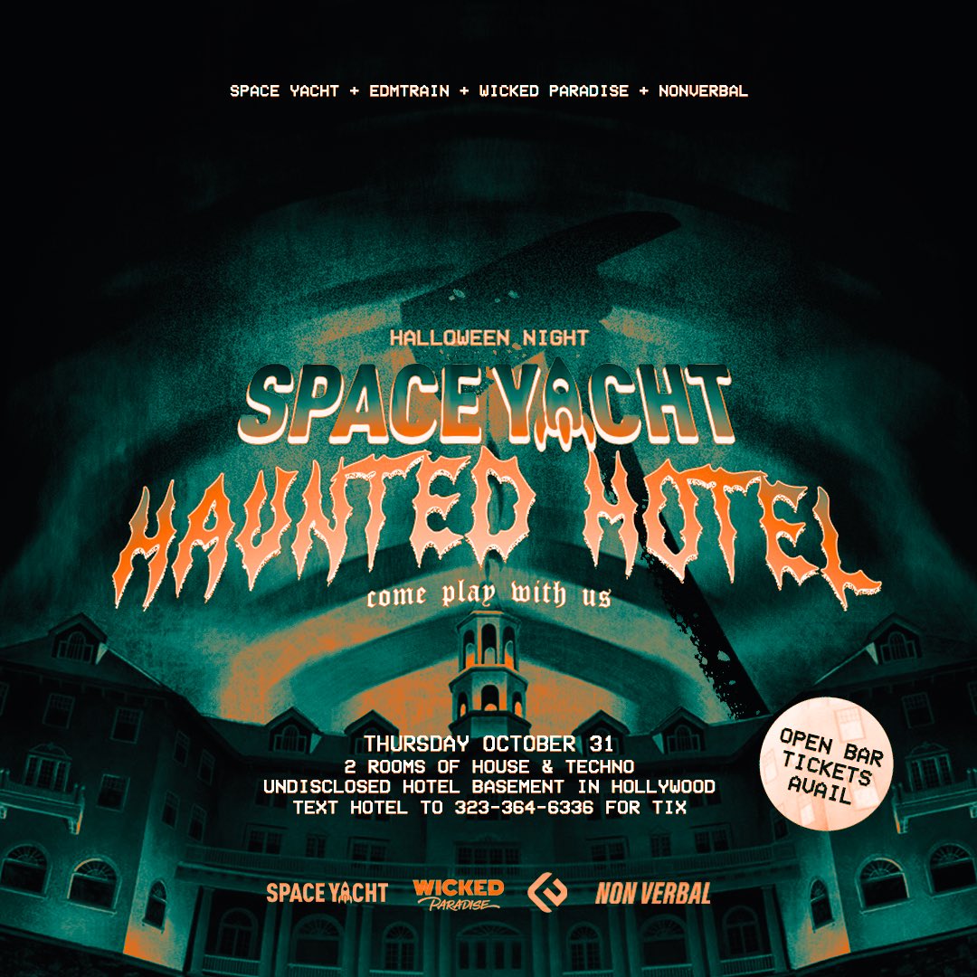 spaceyacht's tweet photo. come play with us 😈

SPACE YACHT HAUNTED HOTEL

in the depths of an undisclosed hotel basement, we’re bringing you 2 stages of HOUSE and TECHNO on HALLOWEEN NIGHT 👻

don’t be scared.. limited RSVPs, tickets, and open bar options are available NOW https://t.co/NS7duhaZq6