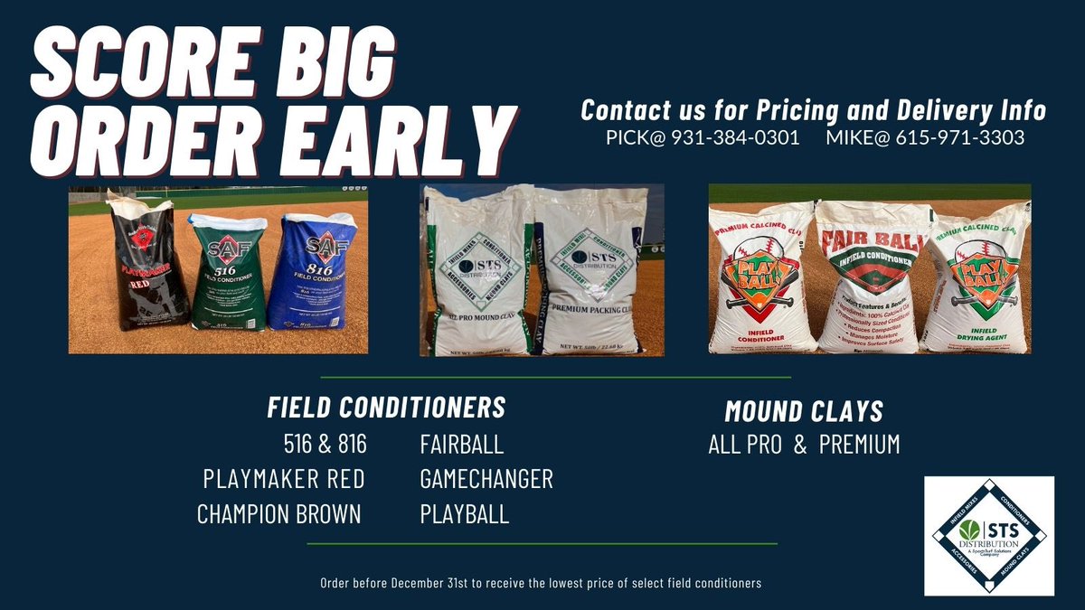 stsdist's tweet image. Early Order Program! ⚾️🧢🥎 Order between now and Dec 31st to snag the lowest price on select field materials. Don’t miss out on this limited-time offer! Contact @coachpick4 or @mclaurymike1  for more info. #baseball #EarlyOrder #fieldmaterials