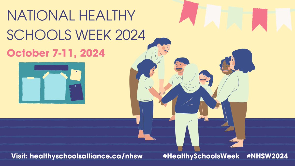 Join us in participating in the 2nd annual National Healthy Schools Week this October 7-11th! 

NEW this year, 20 sample activities are added for you to plan your #NHSW2024!

Learn more and register your school at healthyschoolsalliance.ca/nhsw
#HealthySchoolsWeek #NHSW2024
