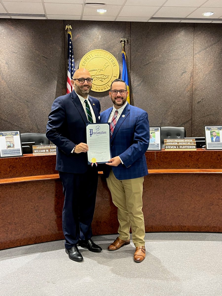 ChrisVaccaro's tweet photo. What a perfect way to kick off Italian American Heritage Month! 

Special thanks to Suffolk County Legislator  Anthony Piccirillo (@picc211) for presenting me a proclamation on behalf of the Italian American Heritage Society of Long Island. 

Leg. Piccirillo, a proud Sachem alum and Italian American, spoke passionately about this month's purpose. He also recognized national leadership from the Sons and Daughters of Italy in America.

I spoke to the Suffolk County Legislature with the conviction that we are here for a purpose: to build a bridge, honor the past, and inspire the future. We will never let the dreams of our ancestors die. We are living their dreams, and will advocate and educate on their behalf. 

I’m looking forward to so many great Italian American events this month … Two Flags. One Heart. 🇮🇹 🇺🇸