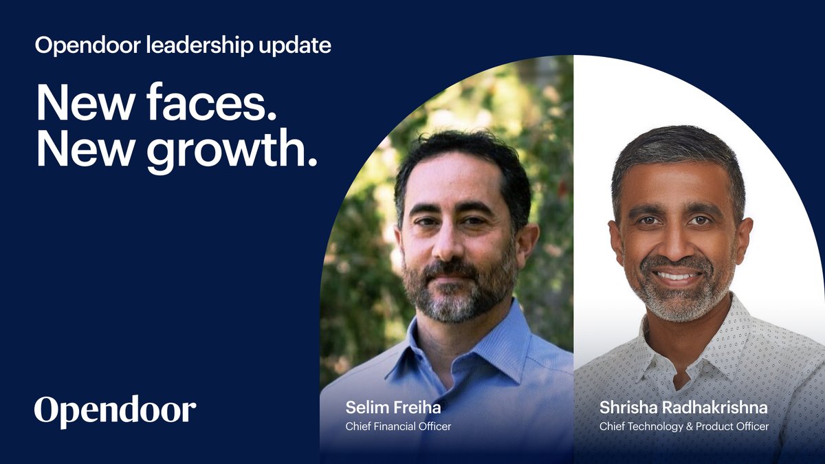 Opendoor (@opendoor) on Twitter photo Today, we are excited to announce that we are welcoming Shrisha Radhakrishna as Chief Technology & Product Officer and Selim Freiha as Chief Financial Officer. 
Shrisha joins Opendoor after serving as Chief Technology & Product Officer at LegalZoom while Selim comes from Today, we are excited to announce that we are welcoming Shrisha Radhakrishna as Chief Technology & Product Officer and Selim Freiha as Chief Financial Officer. 
Shrisha joins Opendoor after serving as Chief Technology & Product Officer at LegalZoom while Selim comes from