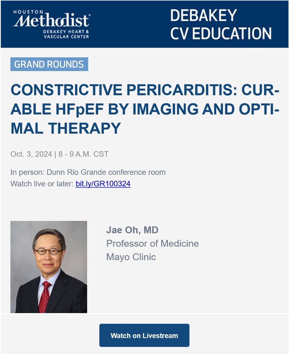 Mohammed Chamsi Pasha, FACC, FASE (@chamsipash) on Twitter photo Stay tuned tomorrow, will have <a href="/JaeKOh2/">Jae K. Oh</a> presenting to us <a href="/MethodistHosp/">Houston Methodist</a> about constrictive pericarditis, timely after the publication of an international statement by <a href="/AllanLKleinMD1/">Allan L. Klein</a> . Looking forward to hosting him. <a href="/WilliamZoghbi/">WilliamZoghbi</a>. Link to watch live
vimeo.com/event/4485244 Stay tuned tomorrow, will have <a href="/JaeKOh2/">Jae K. Oh</a> presenting to us <a href="/MethodistHosp/">Houston Methodist</a> about constrictive pericarditis, timely after the publication of an international statement by <a href="/AllanLKleinMD1/">Allan L. Klein</a> . Looking forward to hosting him. <a href="/WilliamZoghbi/">WilliamZoghbi</a>. Link to watch live
vimeo.com/event/4485244