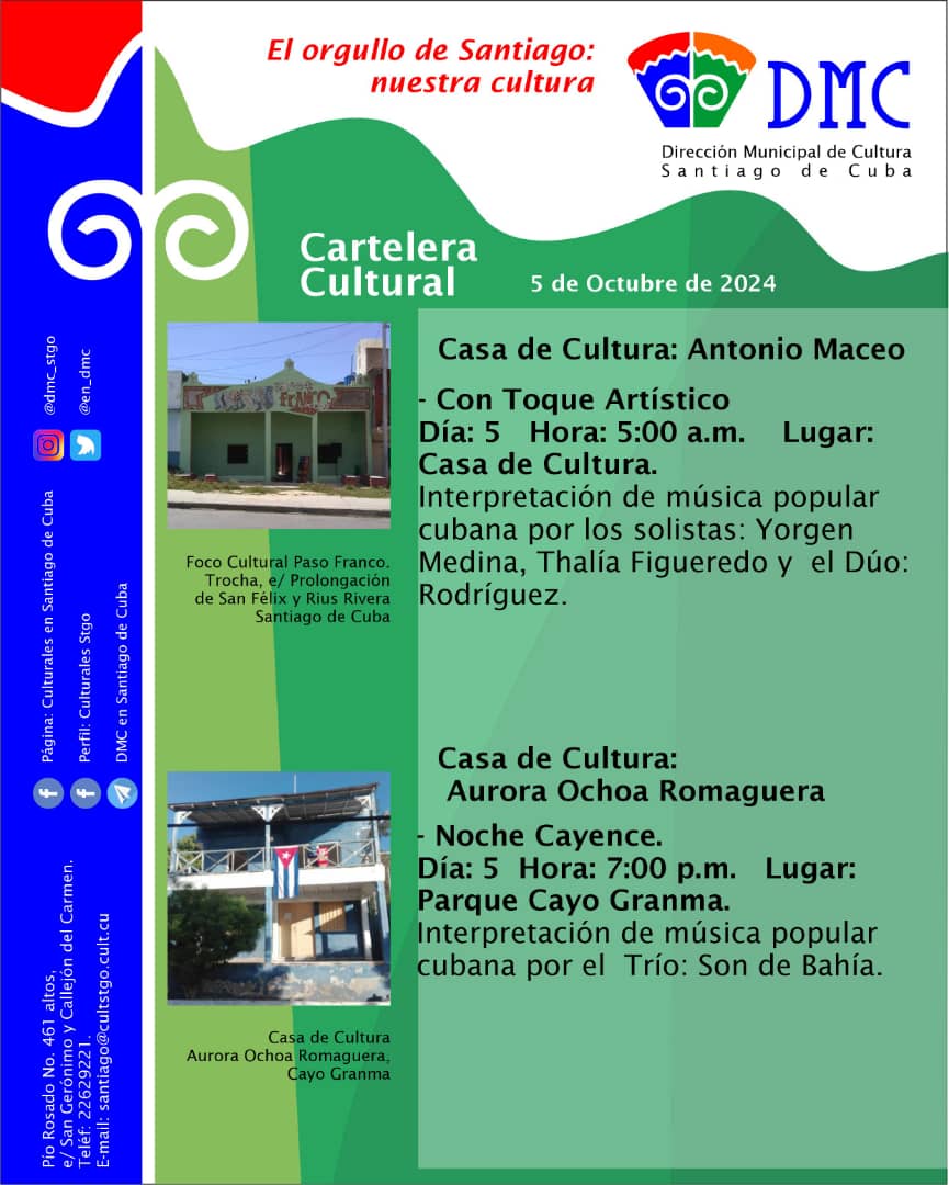 DMCstgo's tweet image. DMC en #SantiagodeCuba (Dirección Municipal de Cultura)

 #SiempreSantiago 
#camsantiagodecuba 

@DiazCanelB
@ManuelFalcnHer2
@BatistaYaneydis
@BeatrizJUrrutia