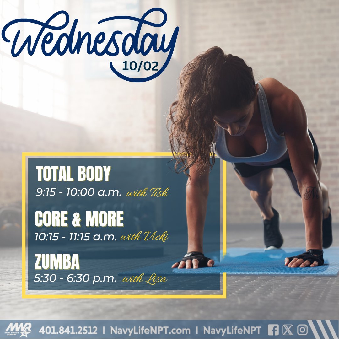 NavyLifeNPT's tweet image. Wednesday Fitness Lineup! Join us on Wednesday for an energized mid-week boost! We have a fantastic lineup to keep you moving and motivated. Come sweat, smile, and make your Wednesday awesome! #TotalBody #CoreAndMore #Zumba #FitnessFun #WednesdayWorkout #StrongTogether