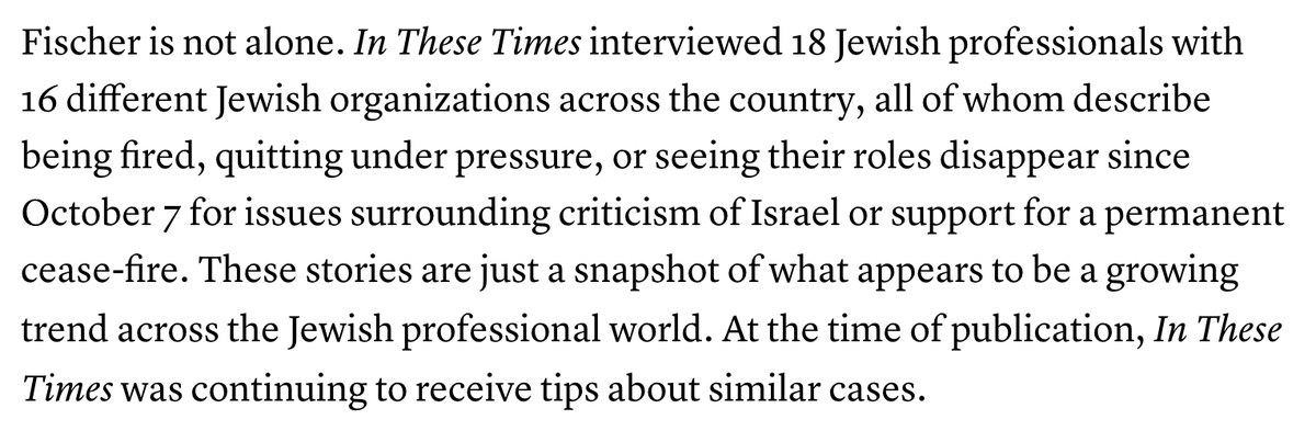 The many stories collected here, of pro-Palestine staffers fired from American Jewish institutions since October 7, hit home for me. I was once rejected from a rabbinical school for my politics. Thanks <a href="/shane_burley1/">Shane Burley בד</a> &amp; <a href="/inthesetimesmag/">In These Times</a> for shining a light