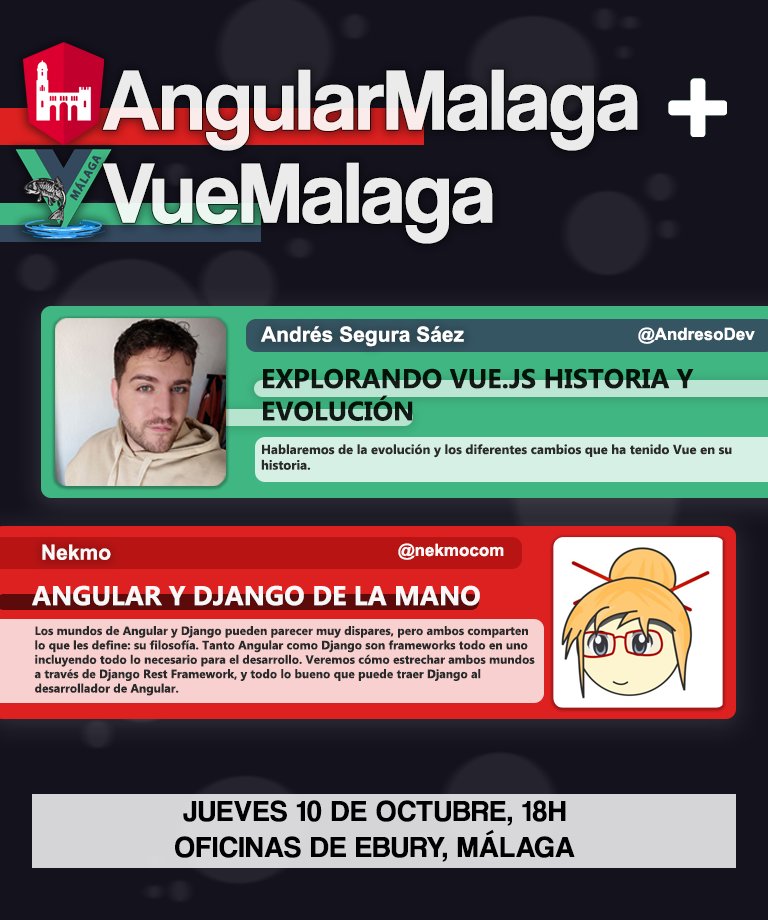 Vue Málaga (@vuejsmalaga) on Twitter photo Ojo piojo!!, se vienen unas charlitas junto a nuestra comunidad hermana <a href="/AngularMalaga/">Angular Málaga</a> el 10 de octubre!!📅
No faltéis, os esperamos alli 😉🍻
📎Link del evento:
gdg.community.dev/events/details…
👨🏻💻<a href="/AndresoDev/">Andres ❄️</a>
👨🏻💻<a href="/nekmo/">Claire Bonner</a> Ojo piojo!!, se vienen unas charlitas junto a nuestra comunidad hermana <a href="/AngularMalaga/">Angular Málaga</a> el 10 de octubre!!📅
No faltéis, os esperamos alli 😉🍻
📎Link del evento:
gdg.community.dev/events/details…
👨🏻💻<a href="/AndresoDev/">Andres ❄️</a>
👨🏻💻<a href="/nekmo/">Claire Bonner</a>