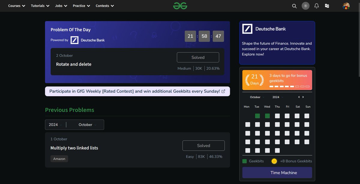 AdityaHarsh19's tweet photo. Day 21 of my 21 Days POTD Challenge Powered By Deutsche Bank
Username: aditya_harsh  
Finally challenge completed!!!! 🥳🥳
#geekstreak2024 #DeutscheBank
@geeksforgeeks @DeutscheBank https://t.co/9oZ65yCQ8t