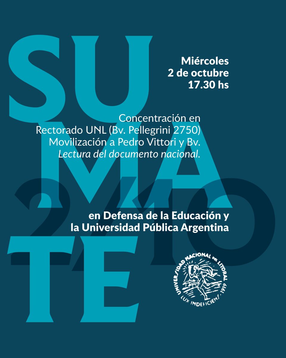 UNLVirtual (@unlvirtual) on Twitter photo Marcha en Defensa de la Educación y la Universidad Pública
📅 Miércoles 2 de octubre, 17:30 hs.
📍 Rectorado <a href="/UNLitoral/">Universidad del Litoral</a>(Bv. Pellegrini 2750) hacia Pedro Vittori y Bv
¡Defendamos la universidad pública!
#UniversidadPublicaSiempre Marcha en Defensa de la Educación y la Universidad Pública
📅 Miércoles 2 de octubre, 17:30 hs.
📍 Rectorado <a href="/UNLitoral/">Universidad del Litoral</a>(Bv. Pellegrini 2750) hacia Pedro Vittori y Bv
¡Defendamos la universidad pública!
#UniversidadPublicaSiempre