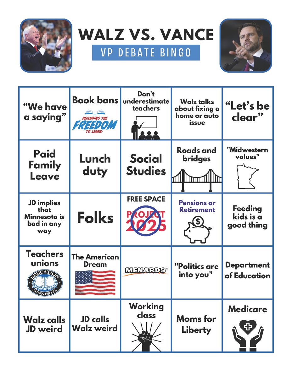 EducationMN's tweet photo. Watching tonight’s debate? So are we! Get your daubers ready for some fun with our VP debate bingo card! You got this, Coach! #VPDebate https://t.co/k6Lu0C2UXw