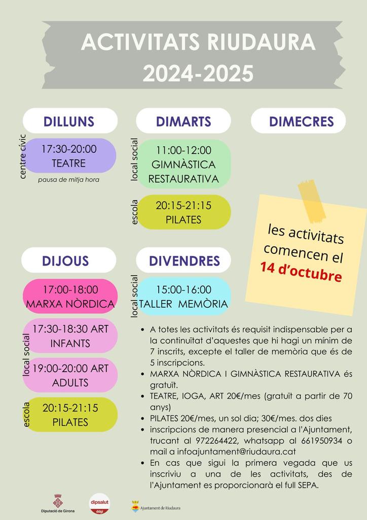 Aquesta és l’oferta d’activitats per aquesta temporada 24/25. A diferència de l’any passat hi ha dues activitats noves (art i teatre) tanmateix, de moment, no s’ofereix Ioga tot i que s’està treballant per a que es pugui dur a terme ben aviat! Ja us podeu inscriure a l’Ajuntament